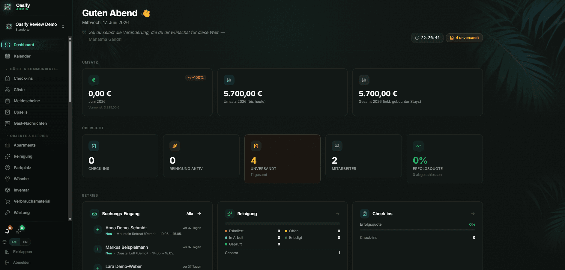 Das Oasify-Dashboard: Check-ins, Reinigung, Rechnungen und Umsatz auf einen Blick